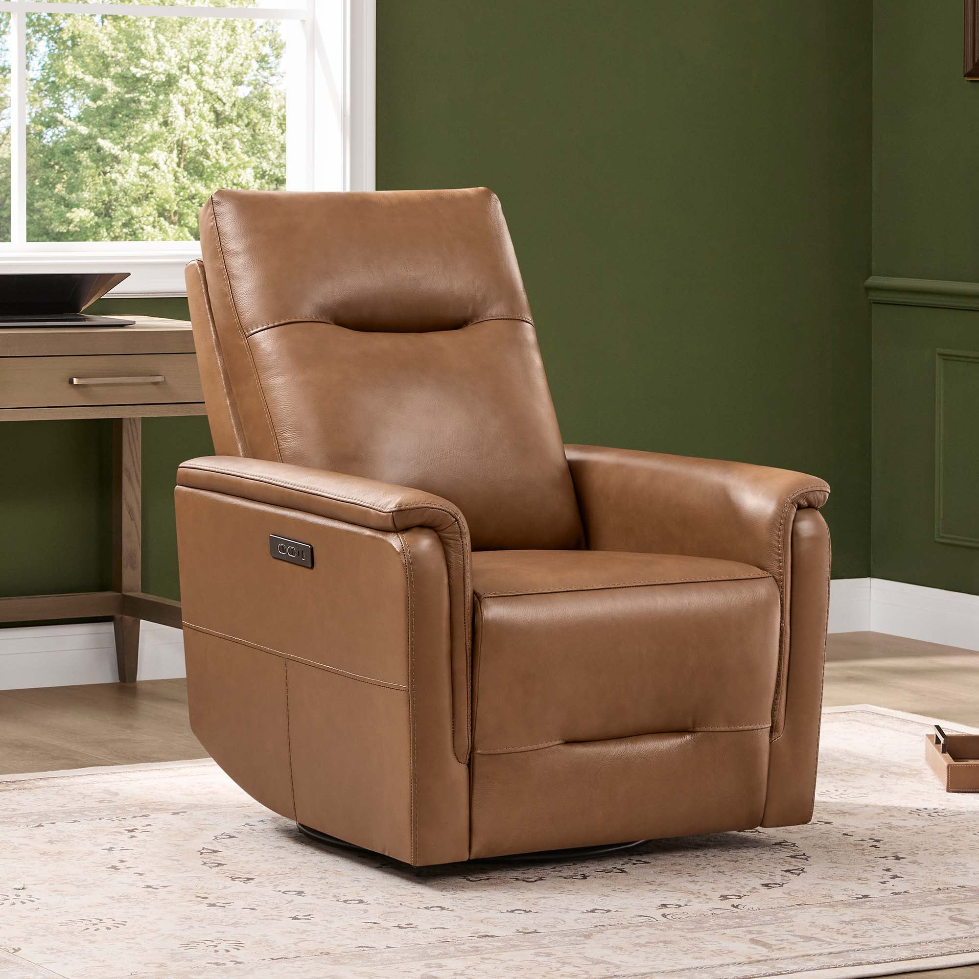 Spruce & Spring Genuine Leather Dual Motor Swivel Glider Recliner Chair, Saddle