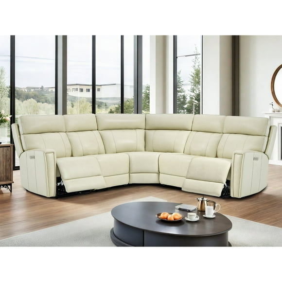 Genuine Leather Dual-Power Reclining Sectional Sofa, 5-Seat L-Shaped Sectional with Zero Gravity, USB/Type-C Ports & Modular Design
