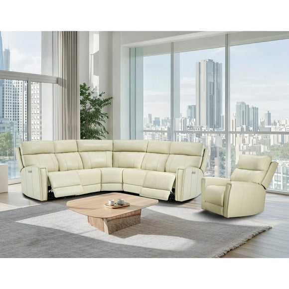 Genuine Leather Dual-Power Reclining Sectional Sofa Set, 5-Seat L-Shaped Sectional + A Power Chair with Zero Gravity, USB/Type-C Ports & Modular Design