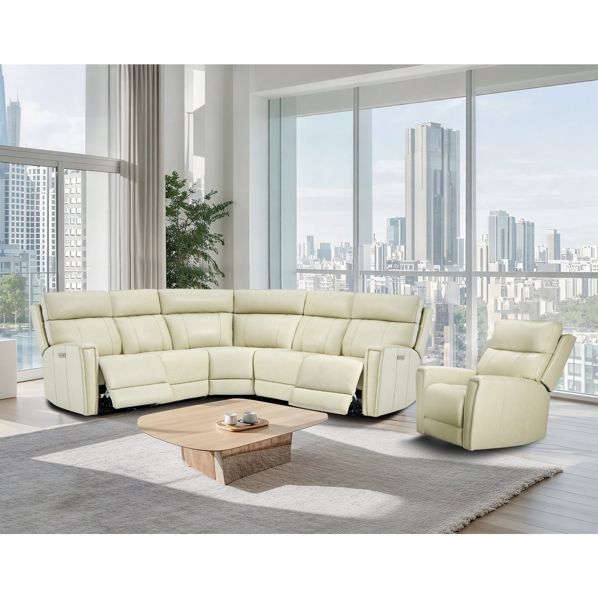 Genuine Leather Dual-Power Reclining Sectional Sofa Set, 5-Seat L