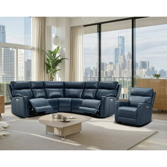 Genuine Leather Dual-Power Reclining Sectional Sofa Set, 6-Seat L-Shaped Sectional + A Power Chair with Zero Gravity, USB/Type-C Ports & Modular Design