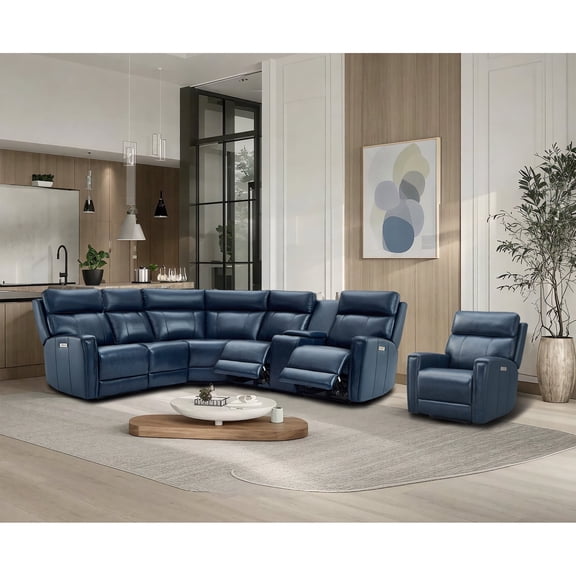 Genuine Leather Dual-Power Reclining Sectional Sofa Set with Console, 5-Seat L-Shaped Sectional + A Power Recliner with Zero Gravity, USB/Type-C Ports & Modular Design