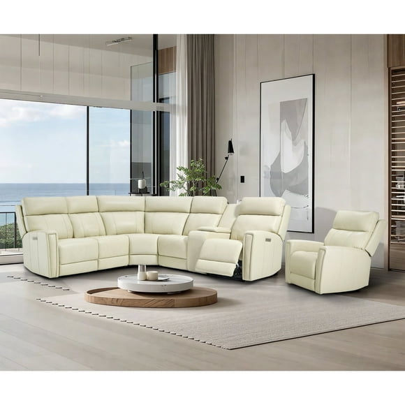 Genuine Leather Dual-Power Reclining Sectional Sofa Set with Console, 5-Seat L-Shaped Sectional + A Power Recliner with Zero Gravity, USB/Type-C Ports & Modular Design