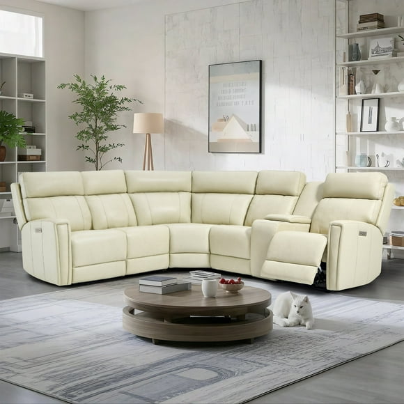 Genuine Leather Dual-Power Reclining Sectional Sofa with Console, 5-Seat L-Shaped Sectional with Zero Gravity, USB/Type-C Ports & Modular Design