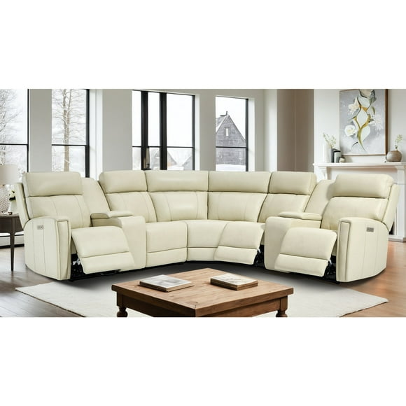 Genuine Leather Dual-Power Reclining Sectional Sofa with two Consoles, 5-Seat L-Shaped Sectional with Zero Gravity, USB/Type-C Ports & Modular Design