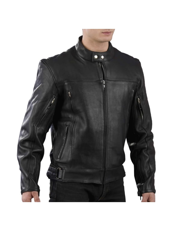 EL1409 Men's Black Leather Vented Mandarin Collar Racer Jacket 3X-Large