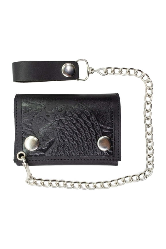 Genuine Leather Eagle Print Biker Wallet with Trifold Long Chain Wallet