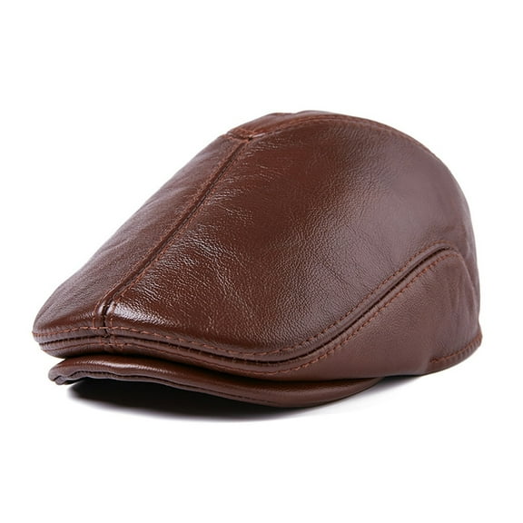 Genuine Leather Flat Caps Berets Men Brown Duckbill Hat Cowskin Male Real Leather Autumn Winter Cabbie Driving Caps ,Lightweight Cozy Enough