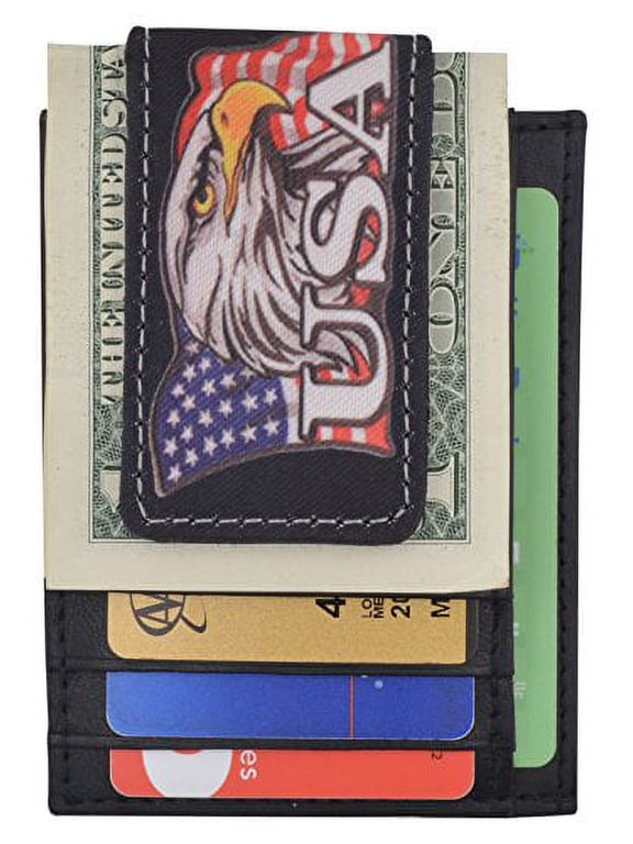 Genuine Leather Front Pocket Magnetic Money Clip Slim Minimalist Wallet Skull Bone USA Skull USA Flag Eagle USA Logos (USA Eagle)