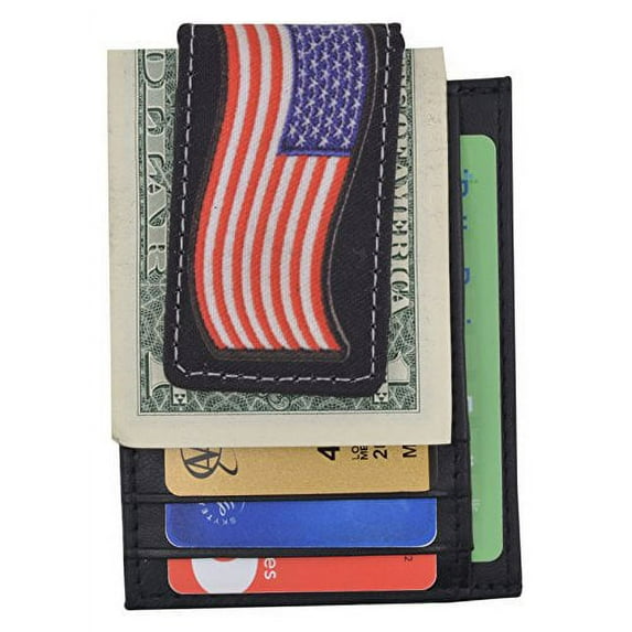 Genuine Leather Front Pocket Magnetic Money Clip Slim Minimalist Wallet Skull Bone USA Skull USA Flag Eagle USA Logos (USA Flag)