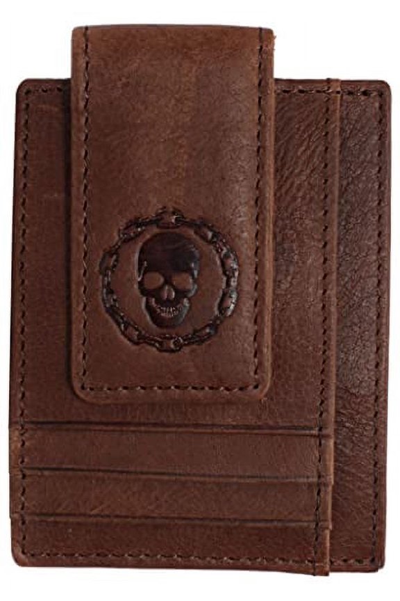 Genuine Leather Front Pocket Magnetic Money Clip Wallet Skull Chain Logo with Strong Magnet