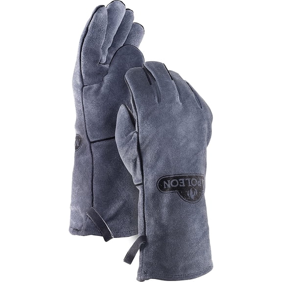 Genuine Leather Gloves - Gray, Heat Safe, Perfect for Grilling, Camp Fire, Fireplaces, Long Length