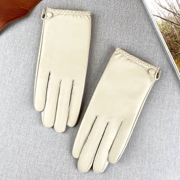 Genuine Leather Gloves Women's Spring and Autumn Thin Touch Screen Driving Cycling Electric Car Simple Fashionable Short First Layer SheepskinOff white-L
