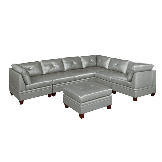 Genuine Leather Grey Color Tufted 7pc Modular Sectional Sofa Set 3x Corner Wedge 3x Armless Chair 1x Ottoman Living Room Furniture Corner Couch