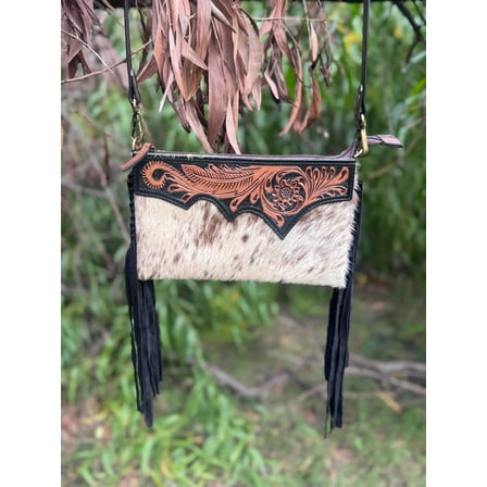 Genuine Leather Hand Tooled Hair-on Women's Bag Western Handbag, Fringe Bag/Adjustable Strap (Black)