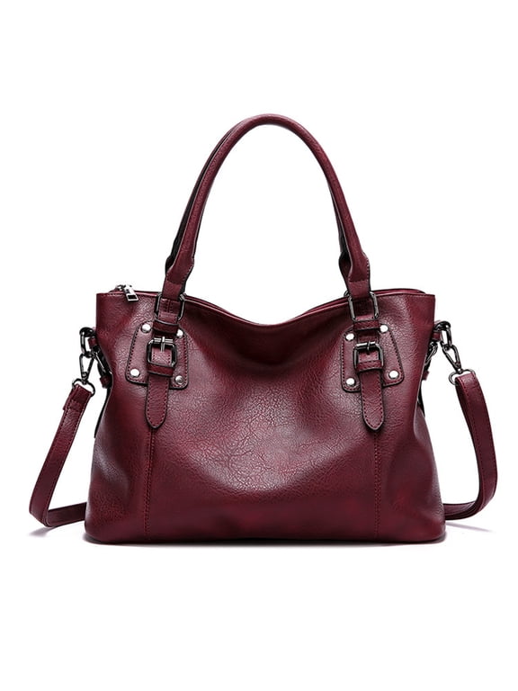 Pekwouc Genuine Leather Handbags Tote Shoulder Bag for Woman Satchel Designer Purse Top Handles Crossbody Bag Large Capacity,Purple red