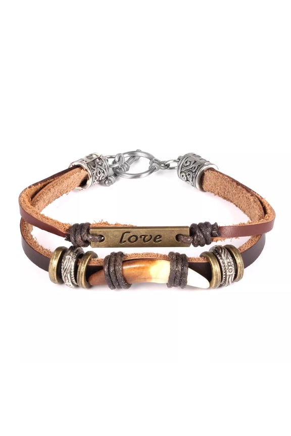 Genuine Leather Hemp Wood Bracelet Brown Luchy Charm Wood Alloy Beads G370