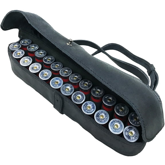 Genuine Leather Hunting Ammo 12GA Cartridge Belt Pouch Shoulder Bag 24 Rounds Black