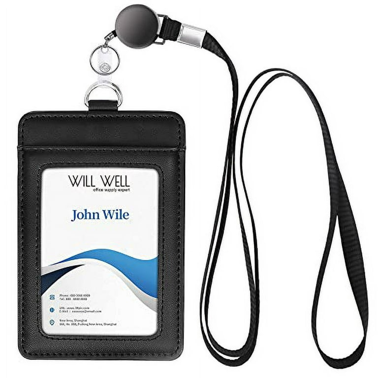 Genuine Leather ID Badge Holder with Retractable Lanyard