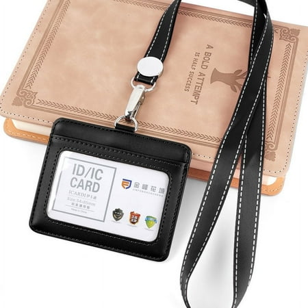 Genuine Leather ID Badge Holder with 2 Card Slots for Men and Women, Horizontal Badge Holder, Round Cord, Black