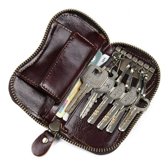 Genuine Leather Key Bag with Zipper Closure Durable and Soft, 6 Key Hooks, 2 Card Slots, Ideal for Daily Use