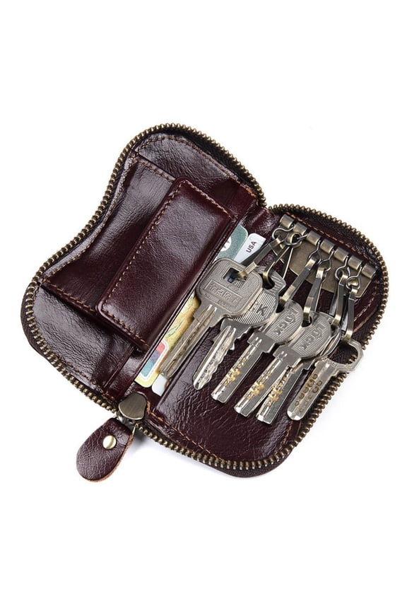 Genuine Leather Key Bag with Zipper Closure Durable and Soft, 6 Key Hooks, 2 Card Slots, Ideal for Daily Use