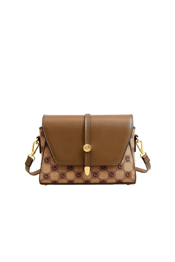 Genuine Leather Ladies Small Square Bag, Light Luxury Retro Plaid Print with Removable Strap - Crossbody & Shoulder Bag Khaki