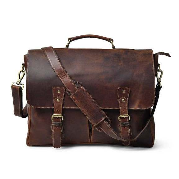 Genuine Leather Laptop Messenger Briefcase for Men & Women, Handmade Business Shoulder Bag with Adjustable Strap, Multi-Compartment Office Travel Satchel