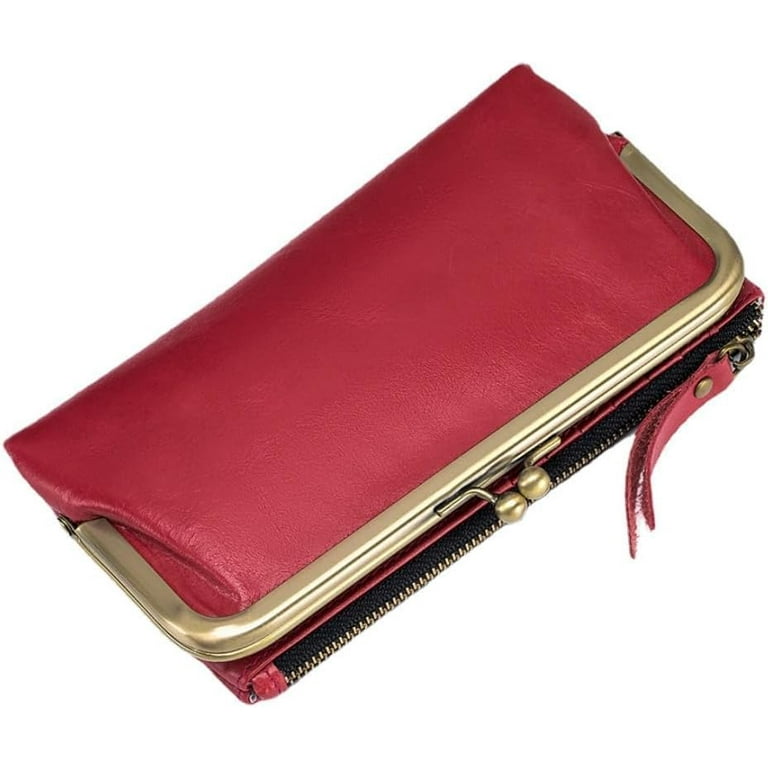 Genuine Leather Large Purse for Women Credit Card Holder Kiss Lock Phone Holder Clutch Bag 1 Color Red