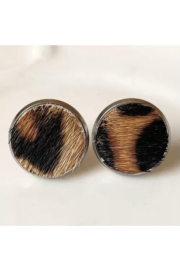 Genuine Leather Leopard Button Studs Earrings Disc Round Dainty Studs Jewelry
