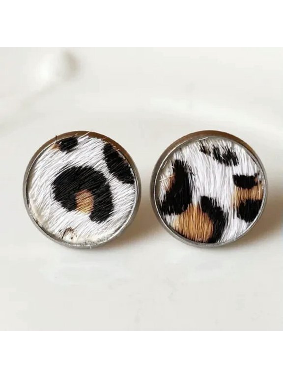 Genuine Leather Leopard Button Studs Earrings Disc Round Dainty Studs Jewelry