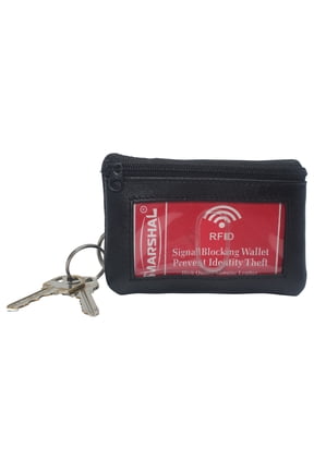 Genuine Leather Lightweight Zippered Minimalist Wallet with Clear ID Window with Key Ring