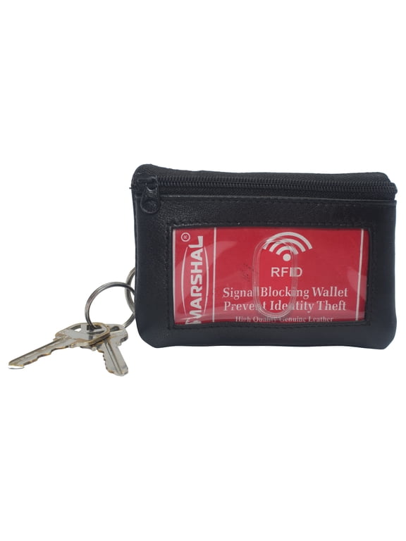 Genuine Leather Lightweight Zippered Minimalist Wallet with Clear ID Window with Key Ring