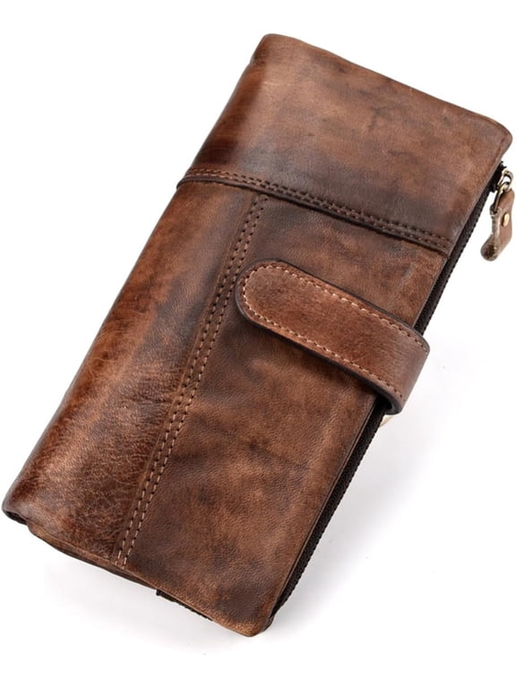 Genuine Leather Long Wallet for Women Vintage Checkbook Wallets with RFID Blocking Card Holder (Vintage red)