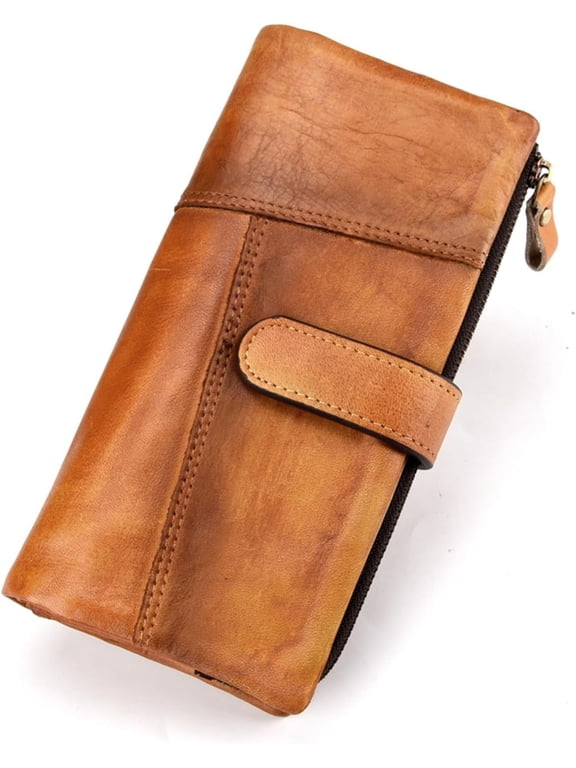 Genuine Leather Long Wallet for Women Vintage Checkbook Wallets with RFID Blocking Card Holder (Vintage red)