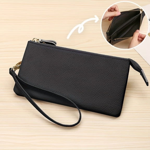 Genuine Leather Long Zip Wallet/Passport Holder - Elegant and simple design with gold-tone hardware, durable and scratch-resistant card slots, multiple compartments, suitable for both men and women.