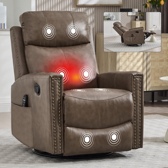 Genuine Leather Manual Recliner Chair, Swivel Rocking Recliner Chair with Heating and Massage for the Elderly, Ergonomic Lounge Single Sofa Seat, Camel