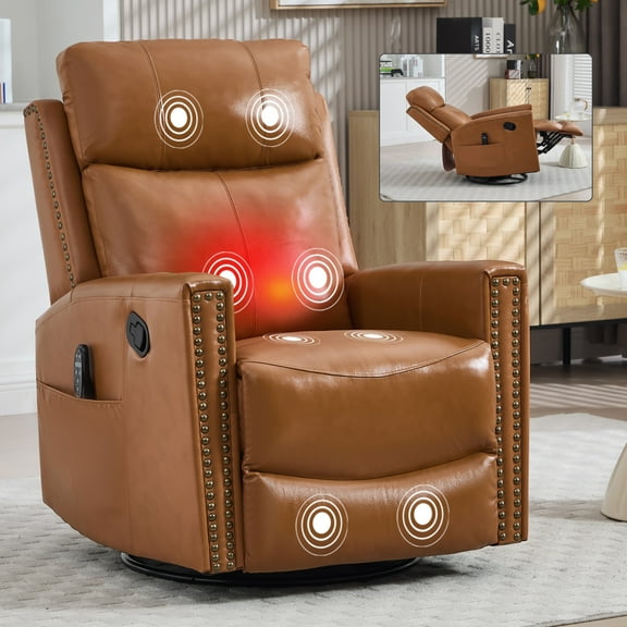 Genuine Leather Manual Recliner Chair, Swivel Rocking Recliner Chair with Heating and Massage for the Elderly, Ergonomic Lounge Single Sofa Seat, Orange
