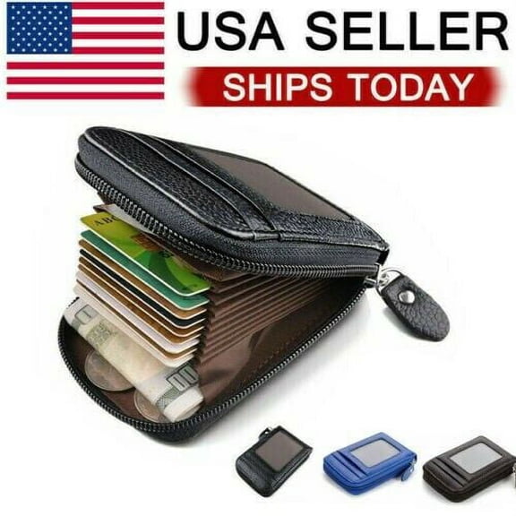 Genuine Leather Men Wallet Credit Card Holder RFID Blocking Zipper Pocket Thin