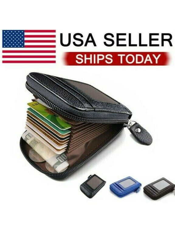 Genuine Leather Men Wallet Credit Card Holder RFID Blocking Zipper Pocket Thin