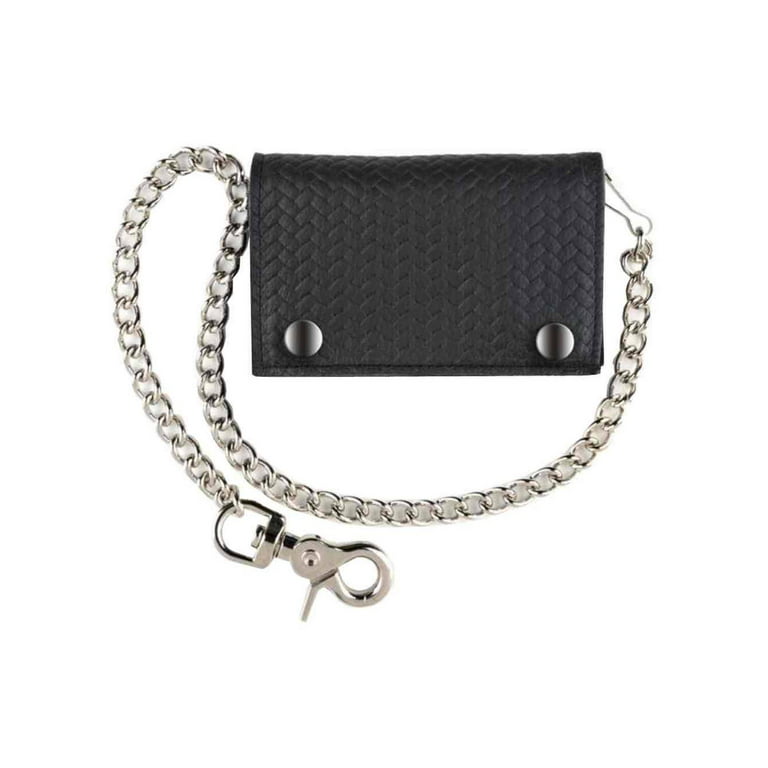 Mascorro Genuine Leather Men's Basket Weave XL Tri-Fold Biker Chain Wallet, Black BK337