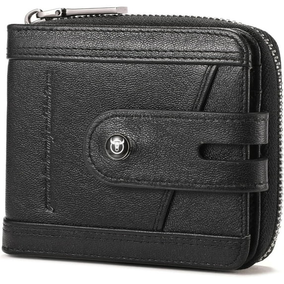 Genuine Leather Men's Wallet with Zipper Vintage RFID Blocking Large Capacity Wallet for Men with 14 Credit Card Slots and 1 ID Window T23 (Black)