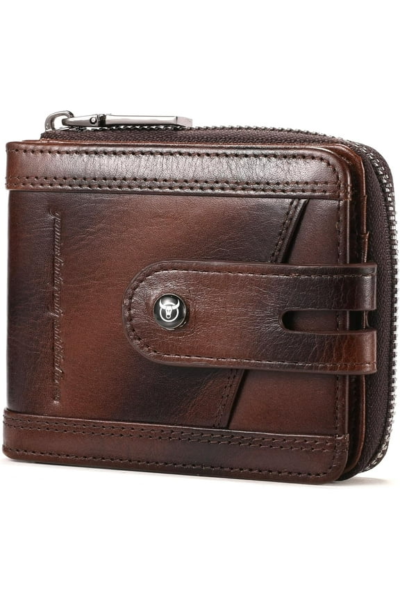 Genuine Leather Men's Wallet with Zipper Vintage RFID Blocking Large Capacity Wallet for Men with 14 Credit Card Slots and 1 ID Window T23 (Coffee)