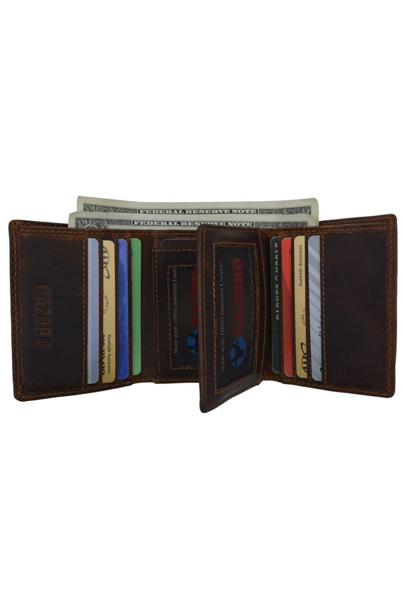 Genuine Leather Mens RFID Blocking Slim Trifold Wallet with 12 Cards+1 ID Window + 2 Note Compartments.