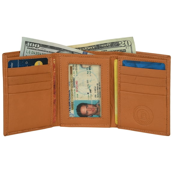 Genuine Leather Mens Trifold RFID Blocking Wallet with ID Window, Tan
