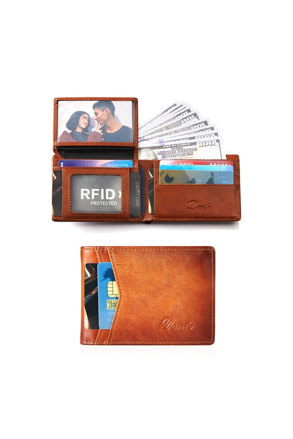 Genuine Leather Mens Wallets Bifold Rfid Blocking With 3 ID Windows,Leather Wallets For Men,Multiple credit card slotsThin And Light In Size