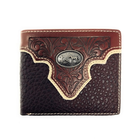 Genuine Leather Metal Praying Cowboy Concho Mens Bifold Short Wallet/Multi Color