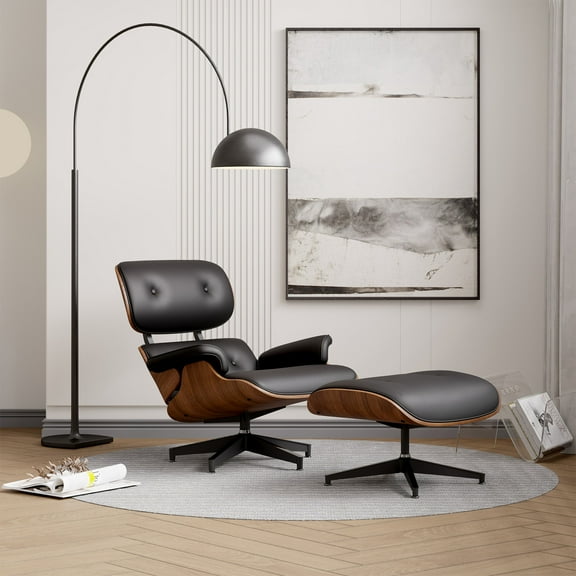 Genuine Leather Mid-Century Modern Lounge Chair with Wide Armrest and Ottoman Ergonomic Design, 360 Swivel, Heavy Duty Base Support