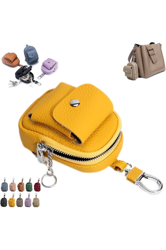 Genuine Leather Mini Backpack Keychain, 4.3”*3.1” Mini Coin Purse & Makeup Bag for Women with Carabiner Clip, Compact Travel Organizer for Cards and Data Cable