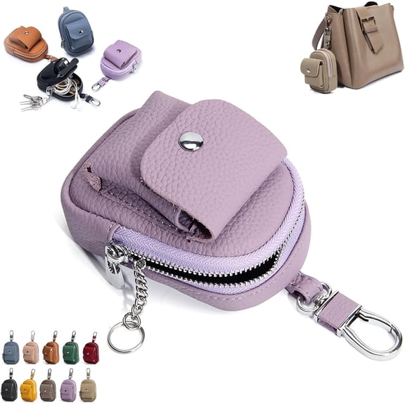 Genuine Leather Mini Backpack Keychain, 4.3”*3.1” Mini Coin Purse & Makeup Bag for Women with Carabiner Clip, Compact Travel Organizer for Cards and Data Cable
